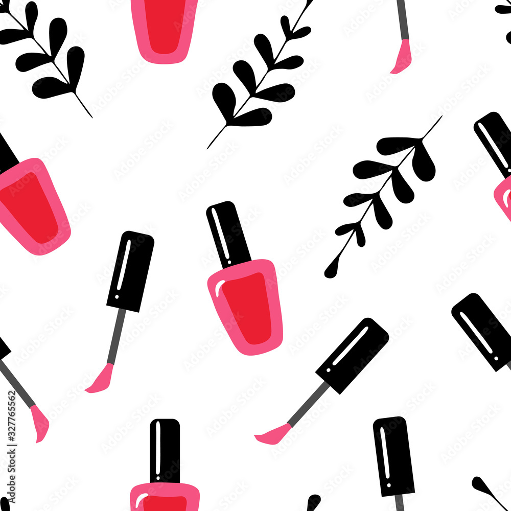 Nail polish hand drawn for beauty salon. Paint seamless pattern with sketchy nail polish jars. Cosmetic and manicure background for nail bar