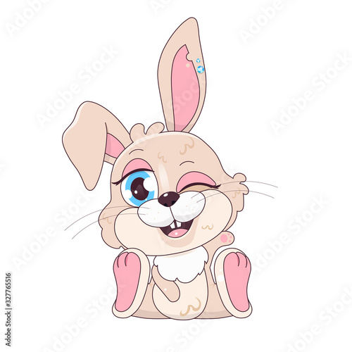 Cute beige Easter hare winking kawaii cartoon vector character. Adorable and funny animal sitting and smiling isolated sticker, patch. Pascha symbol. Anime baby rabbit, bunny emoji on white background