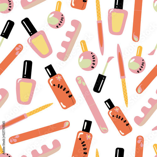 Nail polish hand drawn for beauty salon. Paint seamless pattern with sketchy nail polish jars. Cosmetic and manicure background for nail bar