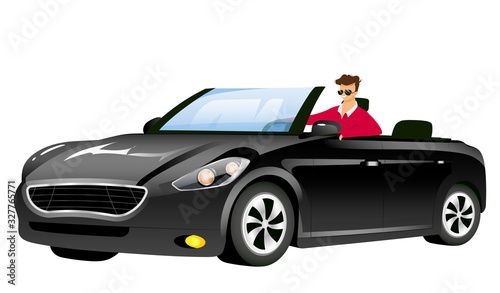 Man in cabriolet flat color vector faceless character. Guy in sunglasses driving car isolated cartoon illustration for web graphic design and animation. Young adult on summer road trip