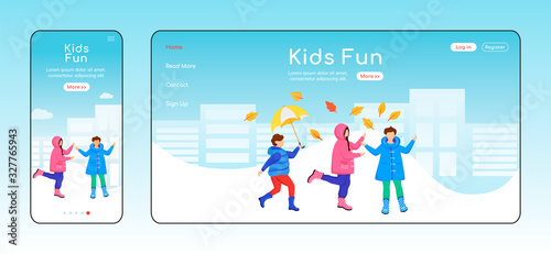 Kids fun landing page flat color vector template. Mobile display. Children in raincoats homepage layout. Playing kids one page website interface with cartoon character. Wet weather web banner, webpage