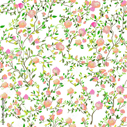 Wallpaper Mural Roses seamless pattern botanical illustration, vector graphic. Wallpaper with many leaves, flowers, buds and petals in hand drawn style.. Torontodigital.ca