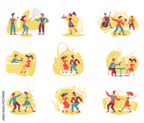 Retro style party 2D vector web banner, poster. Old fashioned entertainment for adults. Vintage women and men dancing flat characters on cartoon background. Printable patches, colorful web elements © The img