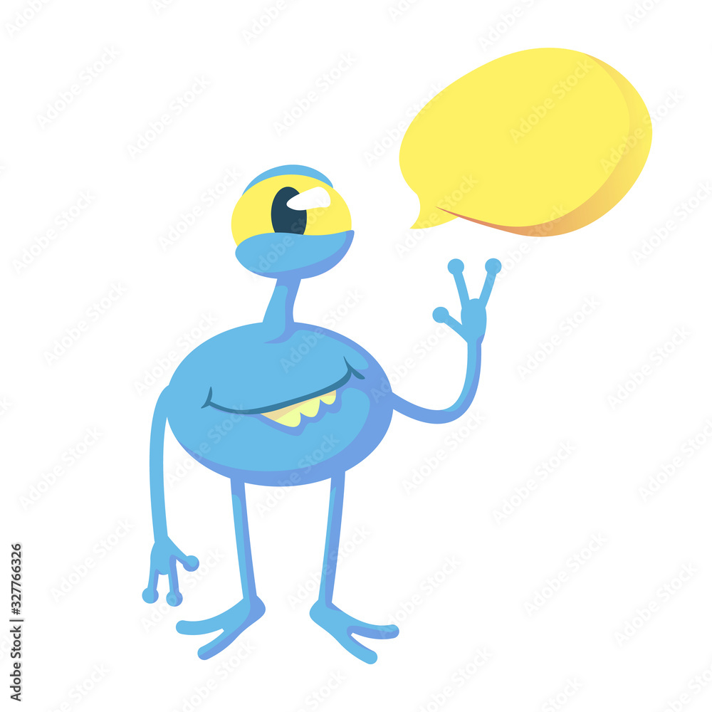 Smiling blue alien flat cartoon vector illustration. Fantastic creature. Ready to use 2d character template for commercial, animation, printing design. Isolated comic hero with empty speech bubble Smiling blue alien flat cartoon vector illustration. Fantastic creature. Ready to use 2d character template for commercial, animation, printing design. Isolated comic hero with empty speech bubble
