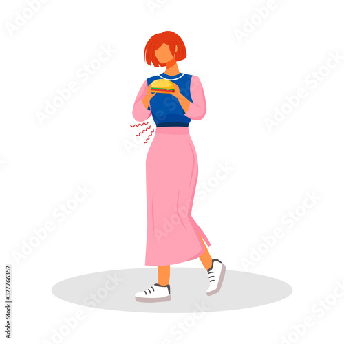 Hungry flat color vector faceless character. Woman holding burger. Female adult wants to eat. Stomach ache from starvation. Bad diet habits. Fast food fix. Hunger isolated cartoon illustration