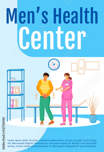 Men's health center poster flat vector template. Health care, hospital visit. Brochure, booklet one page concept design with cartoon characters. Prostatitis treatment flyer, leaflet