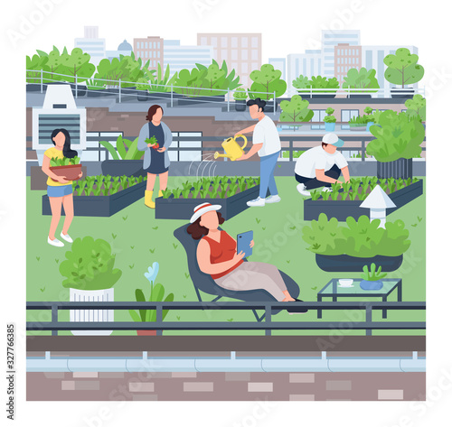 Landscaping flat color vector illustration. Urban gardening, agriculture, building roof greening. People planting seedlings, gardeners, florists 2D cartoon characters on cityscape background