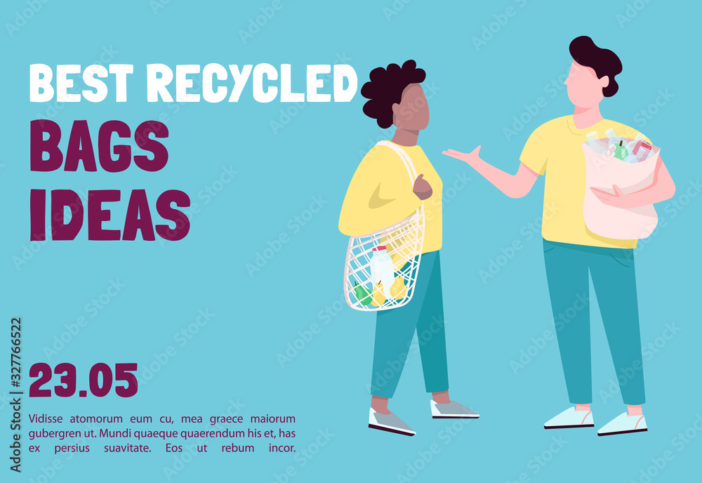 Using recyclable bags for shopping banner flat vector template. Brochure, poster concept design with cartoon characters. String cotton reusable handbags horizontal flyer, leaflet with place for text Using recyclable bags for shopping banner flat vector template. Brochure, poster concept design with cartoon characters. String cotton reusable handbags horizontal flyer, leaflet with place for text