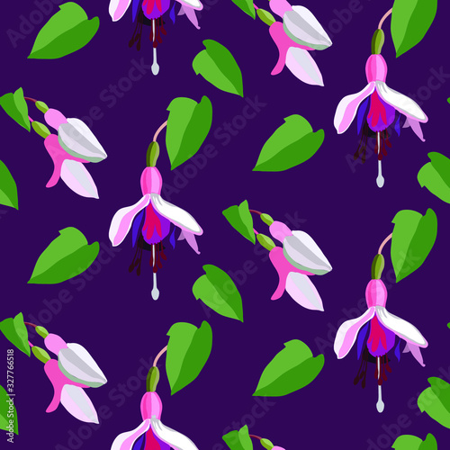 Floral seamless pattern vector.  Garden flowers with leaves design for fashion, fabric, web, wallpaper, wrapping on dark purple background color