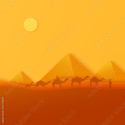 Traditional caravan walking throw egyptian desert in papercut style. Cutout craft background panorama of ancient pyramids. Vector abstract paper cut sunset with riding camel people. Wild life desert.