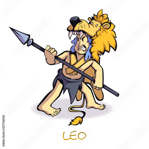 Leo zodiac sign man flat cartoon vector illustration. Caveman in lion skin astrological symbol. Ready to use 2d character template for commercial, animation, printing design. Isolated comic hero