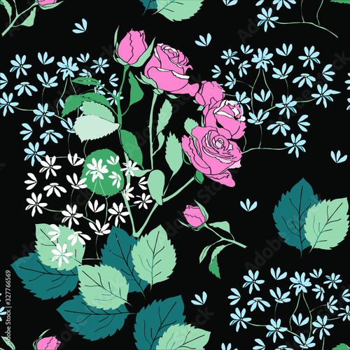 Floral seamless pattern with roses. A bouquet of roses and forget-me-nots for fashion prints. Trendy floral background for textile, fabric, clothes, wrapping paper, wallpapers, packaging, invitation c