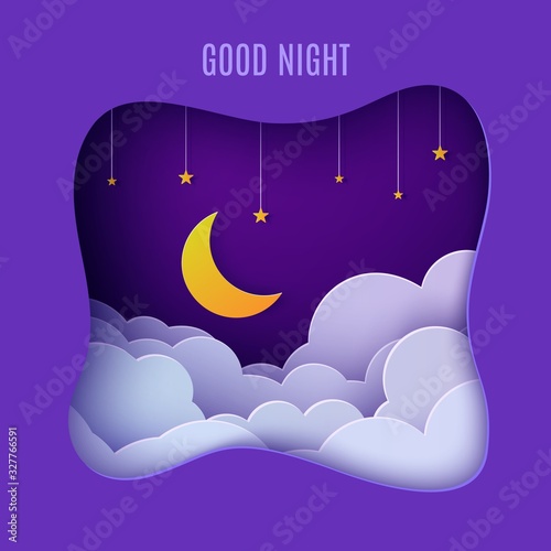 Night sky clouds frame like pillow with gold stars on rope and moon in paper cut style. Cut out 3d background with crescent and cloudy landscape papercut art. Vector card for wish sweet dreams.