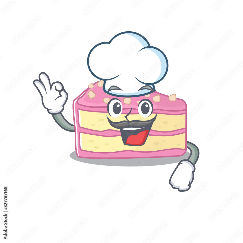 Strawberry slice cake cartoon character working as a chef and wearing white hat Strawberry slice cake cartoon character working as a chef and wearing white hat