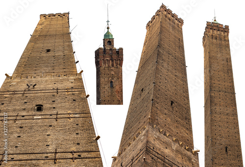 Torre degli Asinelli. One of the two towers (Due Torri 1109-1119, 97.20 meters high) symbol of the city of Bologna, isolated on white background, Piazza di Porta Ravegnana, Emilia-Romagna, Italy photo