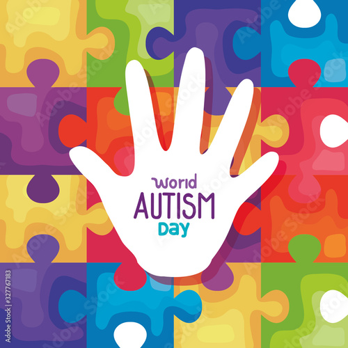 world autism day with hand in puzzle pieces background vector illustration design