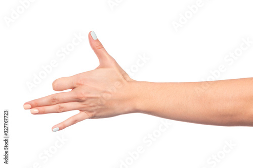 female hand isolated on white background showing hand gestures - Image