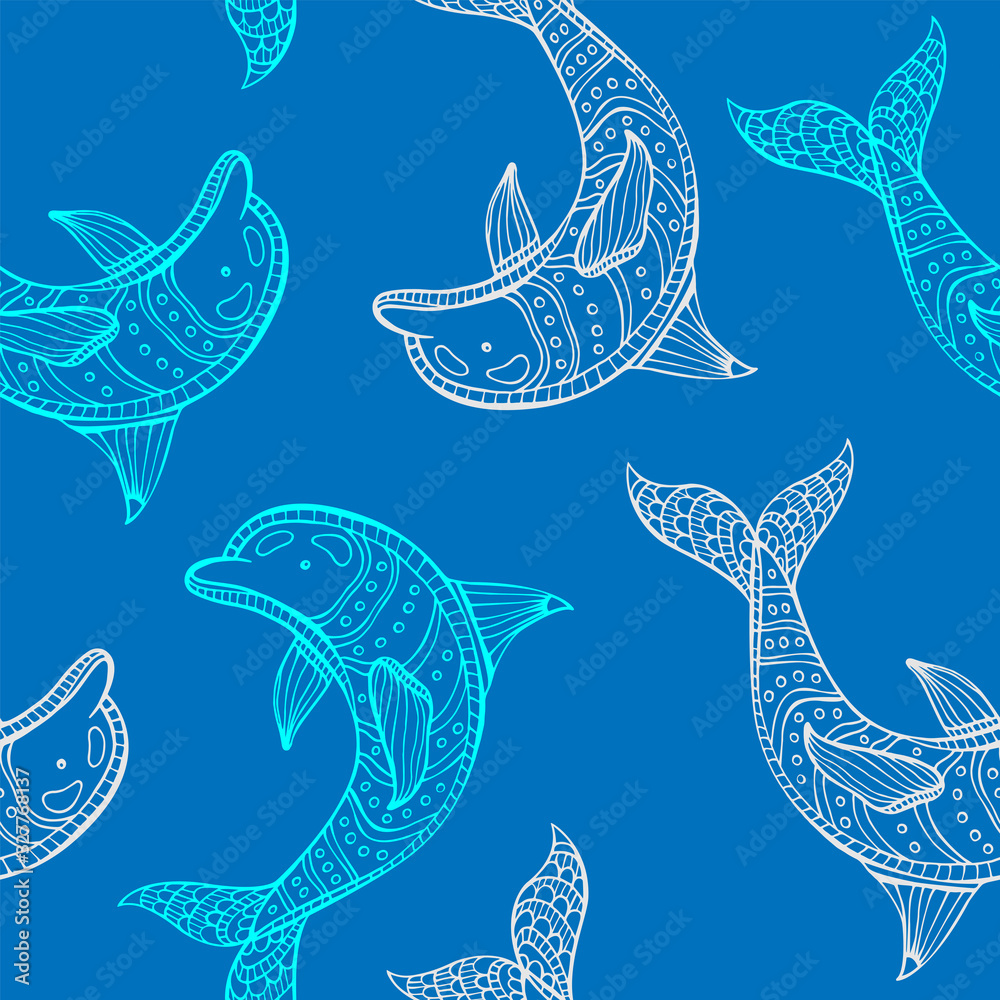 Hand drawn decorative vector background of dolphins. Isolated on white. Doodle style illustration. Marine theme. Hand drawn decorative vector background of dolphins. Isolated on white. Doodle style illustration. Marine theme.