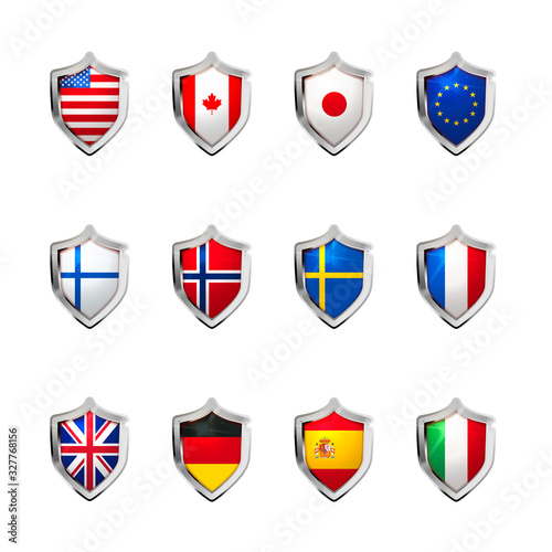 Large set of flags of sovereign states projected as a glossy shield on a white background