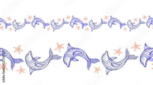 Hand drawn dolphins coloring vector border for children and adults. Design elements for wallpapers, postcards and posters. Black and white. Underwater world.