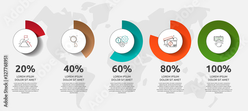 Vector infographic. Circle chart of 5 elements with percent for diagrams, flowchart, timeline, business report, chart or graph