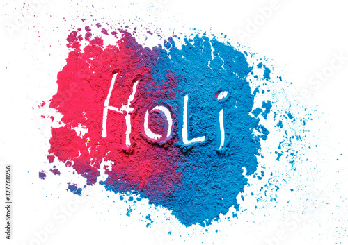 Colorful traditional powder with Holi sign, isolated on white, Hindu spring Holi Festival. Indian traditional spring color Festival
