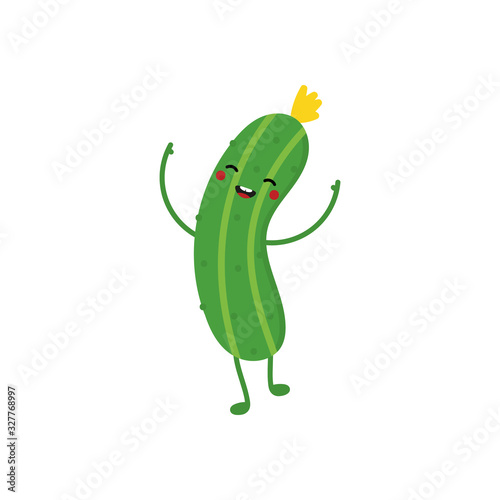 Cute vector cucumber cartoon character, smiling, dancing, having fun.