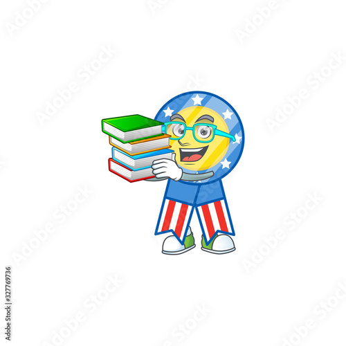 A brainy clever cartoon character of USA medal studying with some books