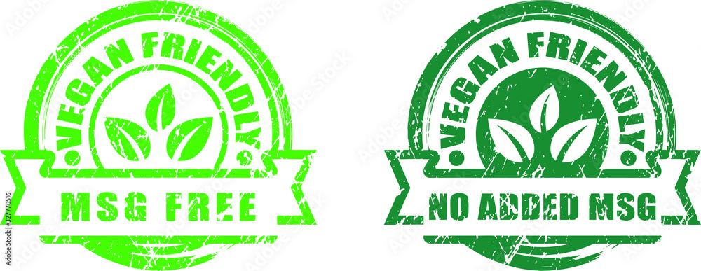 Vegan Friendly MSG Free stamps. Grunge Texture.