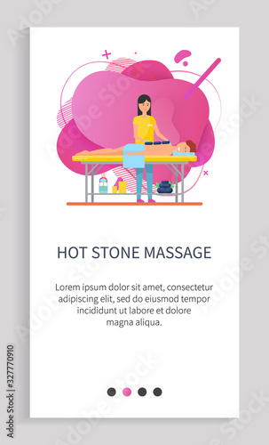 Hot stone massage procedure vector, woman therapist dealing with clients pain in back, lady with customer laying on table and relaxing rest. Website or app slider template, landing page flat style