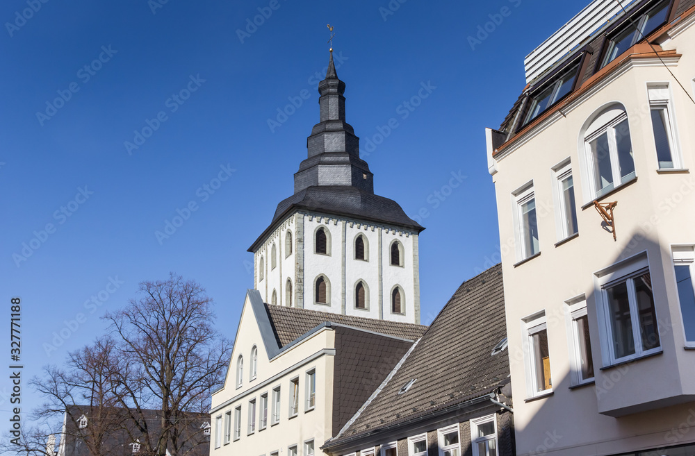 Church tower and houses in historic city Lippstadt, Germany