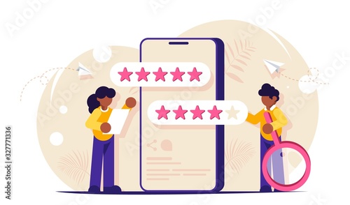 Customers feedback and comments. Five stars user score for mobile app. Woman voices the result of the study. Man with a magnifying glass. Modern Flat vector illustration.