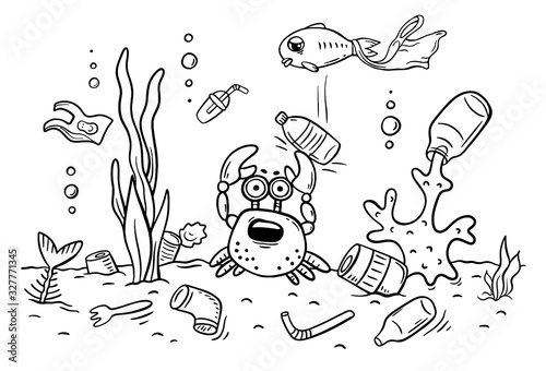 Sea animals suffer from ocean pollution with plastics, ecology and environment concept, coloring page