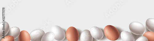 Happy Easter Background with Easter Eggs Decoration in Natural Eggshell color. Vector Easter banner with top view flat lay easter eggs and copy space