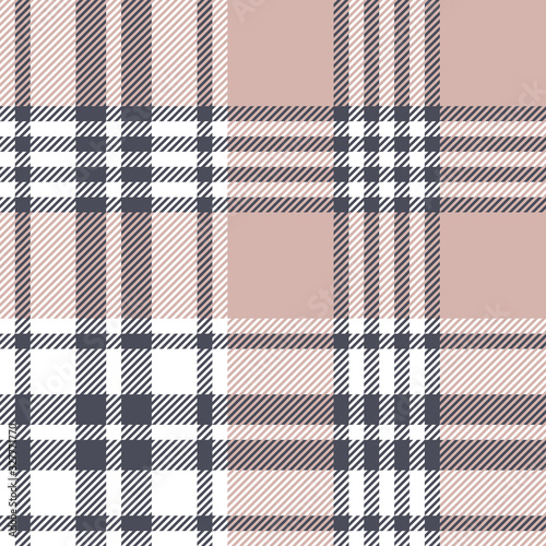 Plaid pattern background. Seamless check plaid graphic in grey, pink, and white for scarf, blanket, throw, upholstery, duvet cover, or other modern spring, autumn, and winter fabric design.