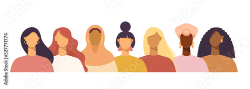 Young beautiful women of different nationalities. African, Asian, European, Muslim. Struggle for freedom, independence, equality. Ethnic beauty. Vector illustration, flat design, white isolated. 