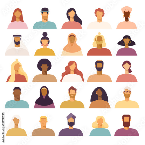 Set of avatars of male and female cartoon characters. People with various nationality and hairstyle. Collection of vector portraits in simple flat design. 