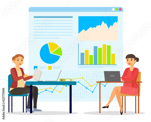 Pregnant women working in office, expectant mothers using laptops for work. Whiteboard with charts and information on company development. Colleagues working on project, vector in flat style