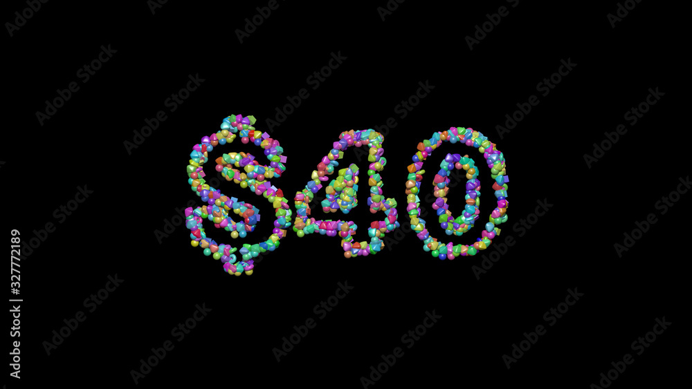 $40 written in 3D illustration by colorful small objects casting shadow on a black background
