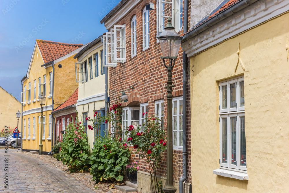 Cobblestoned street with colorful houses in Ribe, Denmark
