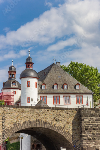 Bridge and historic Stadtarchiv building in Koblenz, Germany photo