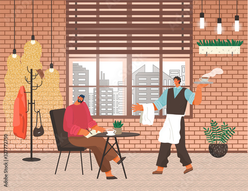 Busy man talking on phone drinking coffee in cafe. Man waiting for order in coffeehouse. Waiter with serving beverage carrying cup of tea to client. Interior of restaurant with decor vector in flat
