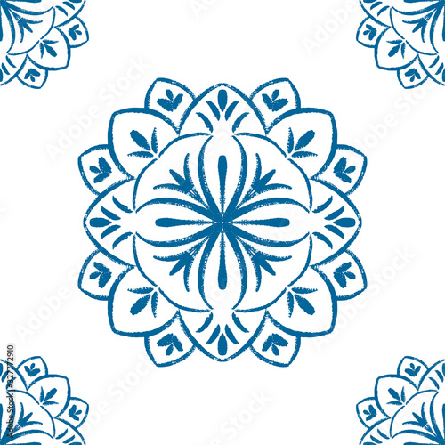 Blue mandala seamless pattern design. Doodle flower illustration.