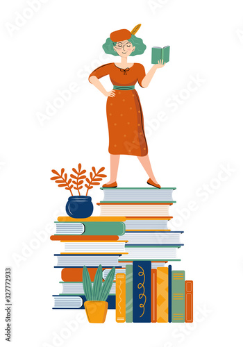 Literary fan. Smart woman reads a book in the library. Young stylish woman with a book. Love of literature. Drawn cartoon character in a vector on a white background. Scandinavian flat illustration.