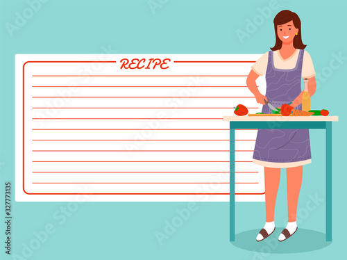 Happy woman stand by table on kitchen. Housewife cook with recipe from cookbook, cut fresh vegetables. Desk with organic products as pepper and tomato, cucumber and carrot. Vector illustration in flat