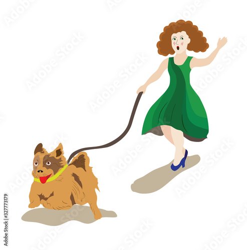 vector illustration of a woman walking a dog, dog runs, leash