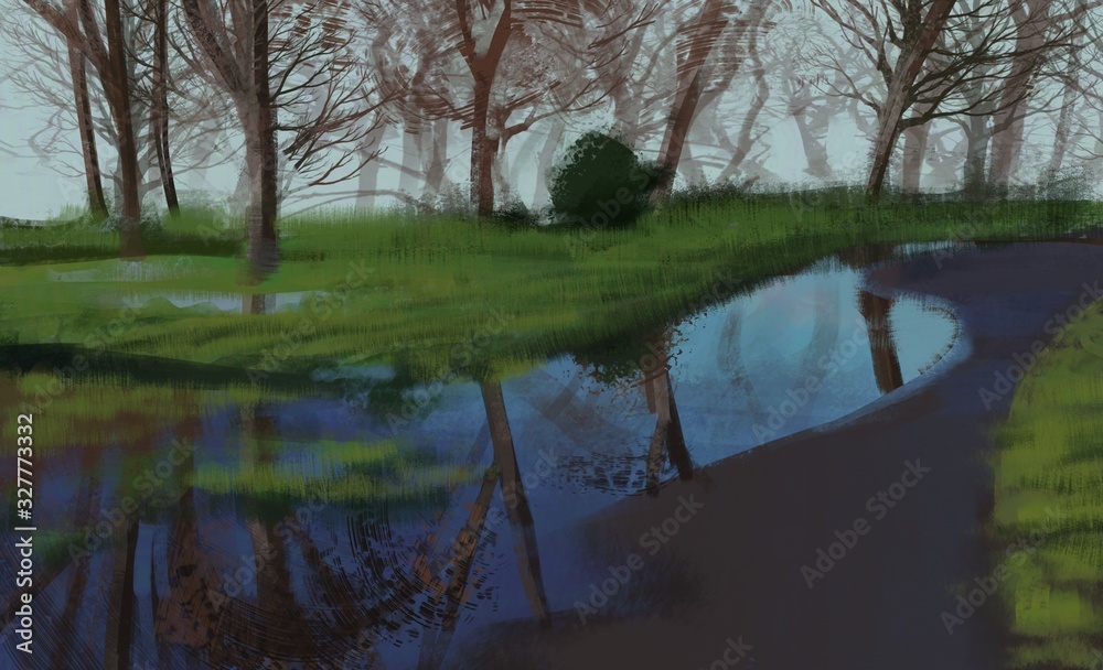 Digital illustration of a flooded path Digital illustration of a flooded path