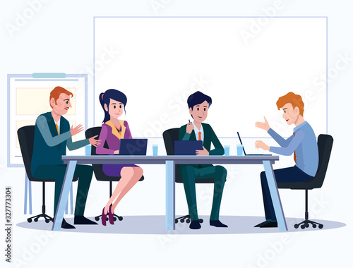 Business people. Office team cartoon characters. Group of business men women, standing persons. Teamwork colleagues vector concept. Illustration vector of discussion and talk, Board background.