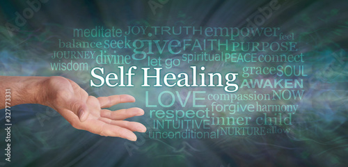 Masculine Self Help Healing Word Tag Cloud - male open hand with the words SELF HEALING and a relevant word cloud against dark  green radiating gaseous effect background 