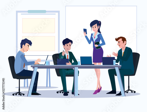Business people. Office team cartoon characters. Group of business men women, standing persons. Teamwork colleagues vector concept. Illustration vector of discussion and talk, Board background.